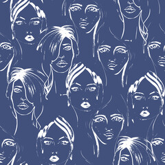 Women faces pattern, Women graphic  fashion pattern background. Feminism printable, fashion women facial expression. Women inspirational background for web, packaging, cosmetic, paper craft