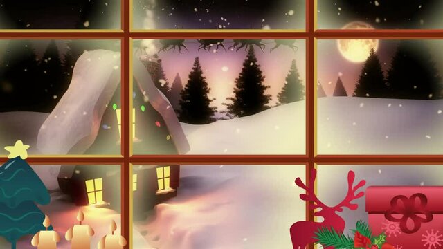 Animation of winter christmas scene with house and santa sleigh seen through window