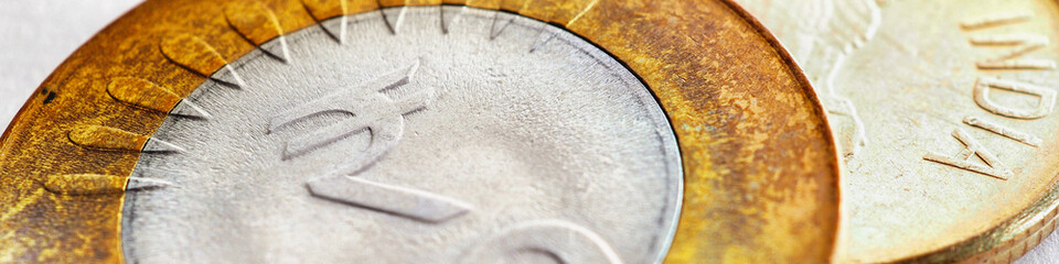 Two Indian coins lie on a white textured surface. 10 rupee coin with the sign of national currency close-up. Banner or headline about economy, banking, finance and money in India. Macro - obrazy, fototapety, plakaty