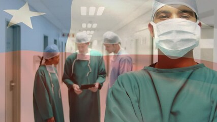 Animation of flag of chile waving over surgeons in operating theatre - Powered by Adobe