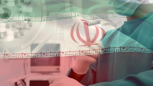 Animation of flag of iran waving over surgeon in face masks