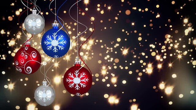 Animation of christmas bubbles over glowing spots on dark background