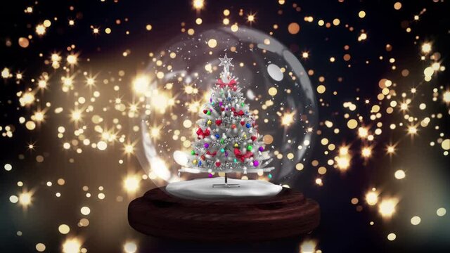 Animation of snow globe with christmas tree over glowing stars on dark background