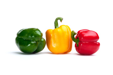 Bell pepper green, red and yellow on a white background. Paprika