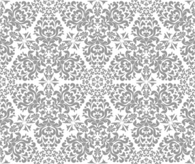 Silver Stylish Damask Seamless Vector Pattern. Silver, gray and white color. For fabric, wallpaper, venetian pattern,textile, packaging.