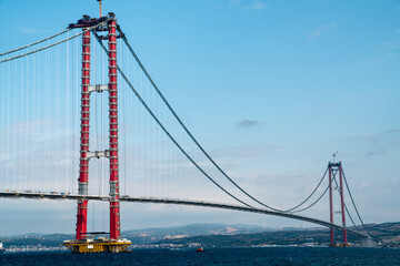Fototapeta na wymiar Construction of 1915 Canakkale Bridge. Canakkale -TURKEY