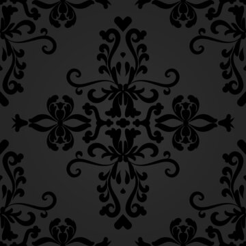 Linear Black Damask Seamless Vector Pattern.  For fabric, wallpaper, venetian pattern,textile, packaging.	