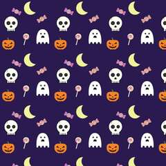 Halloween themed seamless pattern, with skulls, crescents, pumpkins, candy, lollipops and ghosts, on a purple background. 