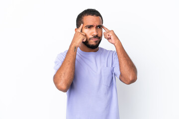 Fototapeta premium Young Ecuadorian man isolated on white background having doubts and thinking