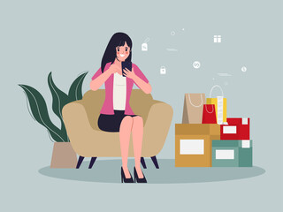 Young woman shopping online and delivery service.