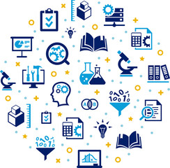 Research & development vector illustration. Banner with connected icons related to project management, product design or engineering, business development, r&d process using technology, engineering.