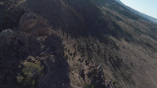 Mountain surfing over Patagonian steppe forest, Aerial, FPV drone