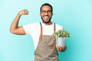 Gardener latin man holding a plant isolated on blue background doing strong gesture