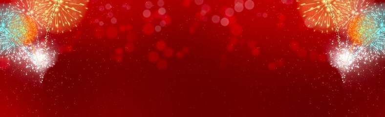 Fireworks and bokeh banners on red background, used in New Year's celebrations  , wallpaper illustration