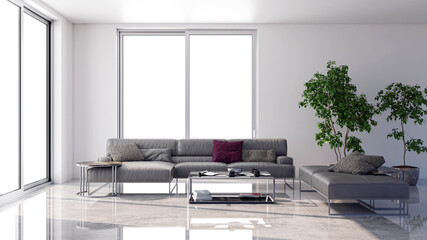 Illustration 3D rendering large luxury modern bright interiors Living room mockup computer digitally generated image