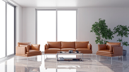 Illustration 3D rendering large luxury modern bright interiors Living room mockup computer digitally generated image