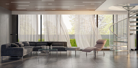 Illustration 3D rendering large luxury modern bright interiors Living room mockup computer digitally generated image