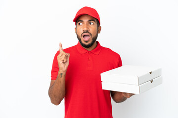 pizza delivery man picking up pizza boxes isolated on white background thinking an idea pointing the finger up