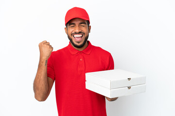 pizza delivery man picking up pizza boxes isolated on white background celebrating a victory