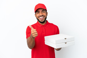 pizza delivery man picking up pizza boxes isolated on white background with thumbs up because something good has happened