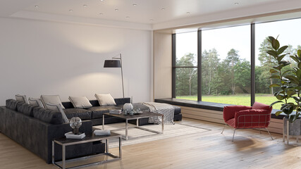 Illustration 3D rendering large luxury modern bright interiors Living room mockup computer digitally generated image