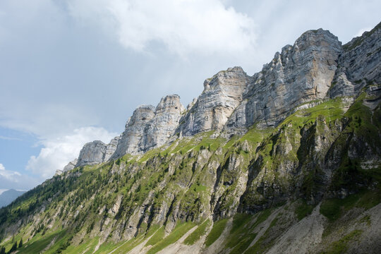 Swiss Alps scenic mountain range in sunset light view of the limestone-massif "Seven Stallions"
