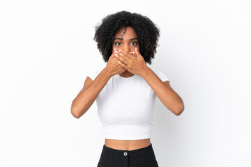 Young African American woman isolated on white background covering mouth with hands