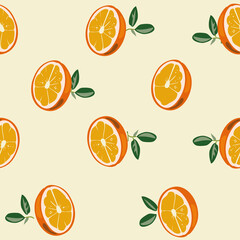 Seamless pattern with orange fruit half slices on creme color background. Citrus Vector Illustration in cartoon simple flat style.