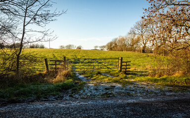 Fototapeta premium A snow covered countryside field entrance and gate in winter, Scotland