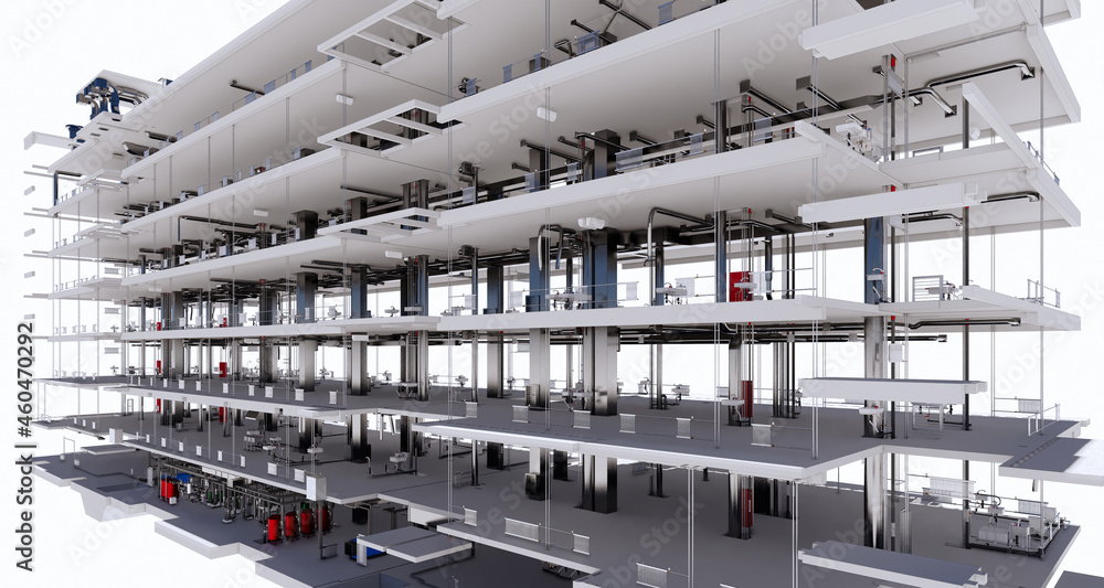 Poster conceptual visualization of the bim model supporting frame and hvac systems of building