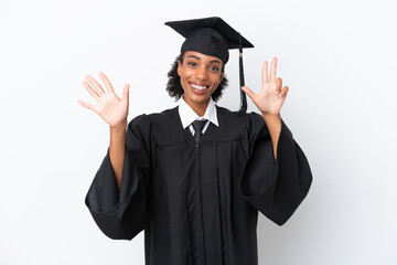 Young university graduate African American woman isolated on white background counting eight with fingers