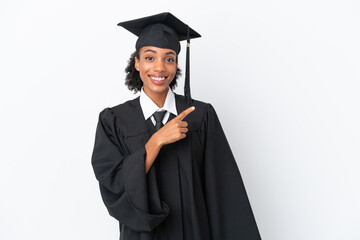 Young university graduate African American woman isolated on white background pointing to the side to present a product