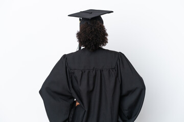 Young university graduate African American woman isolated on white background in back position