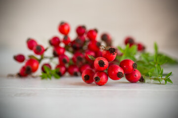 ripe red rose hips on a wooden table