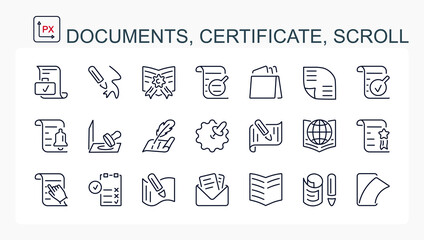 A set of vector icons from a thin line. Documents, certificate, scrolls. isolated