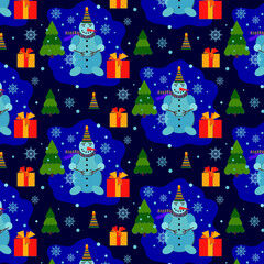 Snowmen colorful seamless pattern. Christmas texture. Vector illustration. Illustration in doodle style. Texture for printing on textiles and printing, for interior decoration.