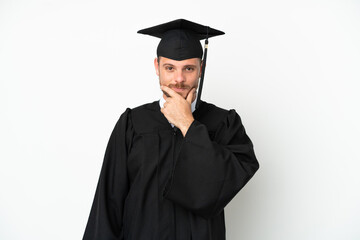 Young university Brazilian graduate isolated on white background thinking