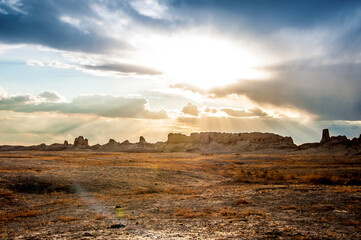 Ruins of the ancient city of Sauran. Historical place of Kazakhstan. Excavations of ancient cities,...