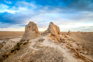 Ruins of the ancient city of Sauran. Historical place of Kazakhstan. Excavations of ancient cities,...