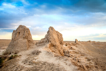 Ruins of the ancient city of Sauran. Historical place of Kazakhstan. Excavations of ancient cities, medieval buildings.