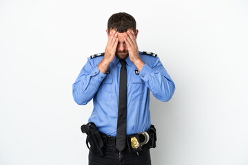 Young police Brazilian man isolated  on white background with tired and sick expression