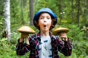 Cute emotional child is surprised by huge mushrooms.