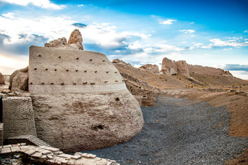 Ruins of the ancient city of Sauran. Historical place of Kazakhstan. Excavations of ancient cities,...
