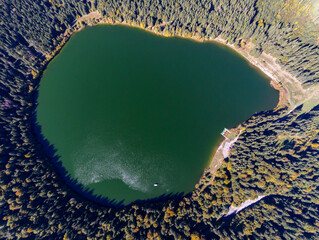 Aerial drone view, beautiful , clean volcanic lake called Saint Ana, Szent Anna in hungarian, Sfantu Ana in romanian in Transylvania, Romania.