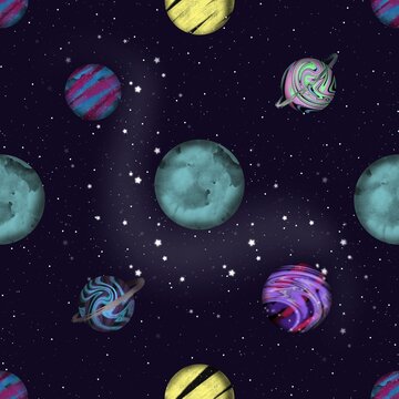Space seamless pattern with Planets and Stars. Texture with Cosmic elements.