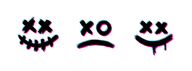 Set of scary brush stroke smile. Glitch effect