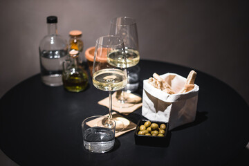 Apero table with wine and olives