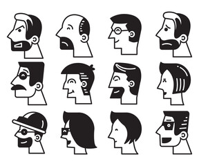 human face side view icons vector set