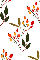 Seamless pattern with rose hips and leaves. Colourful illustration on the white background.