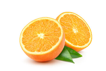 Orange fruit cut in half isolated on white background.
